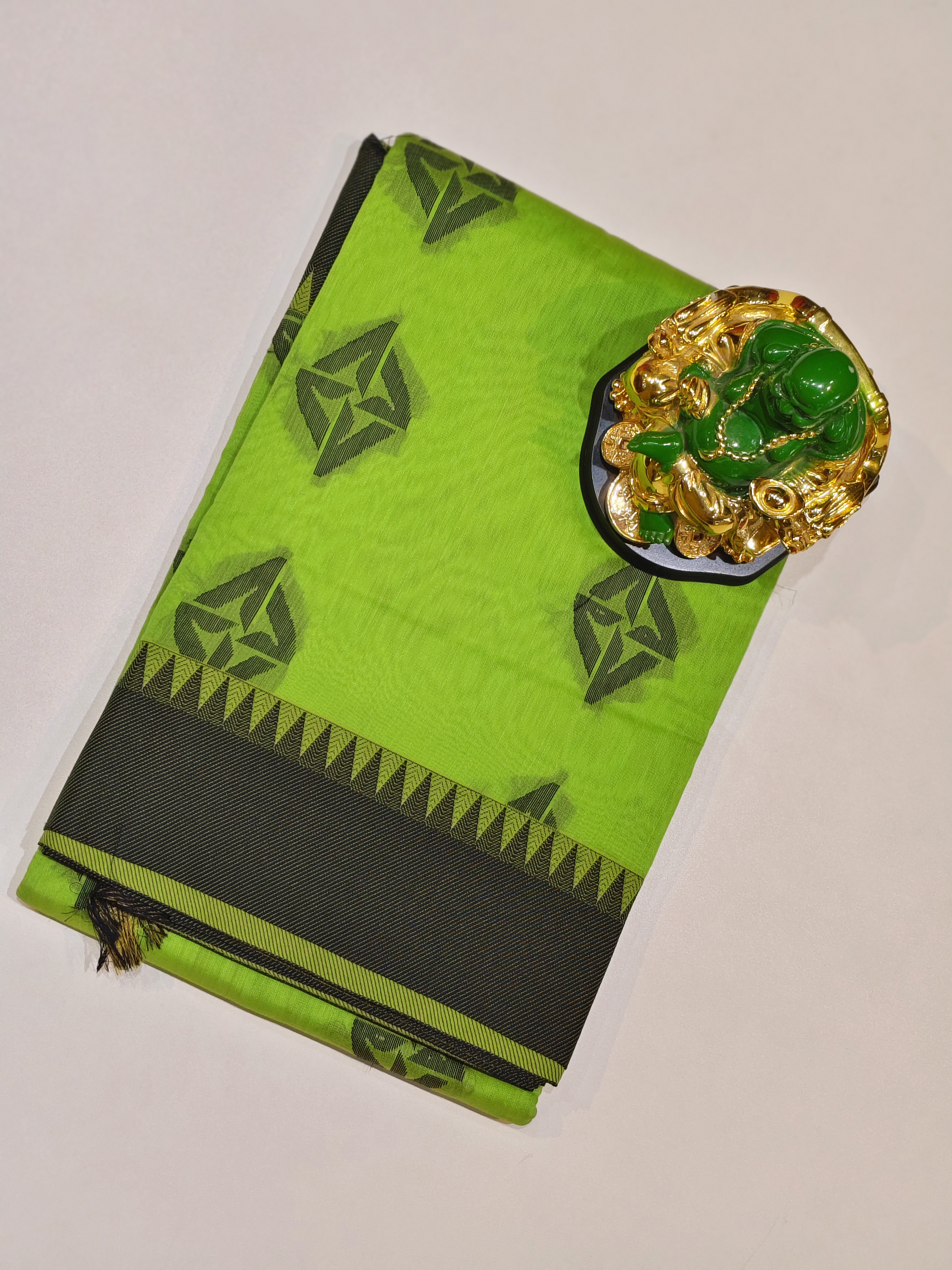 Lime Green Semi Silk Cotton Saree with Black Geometric Border