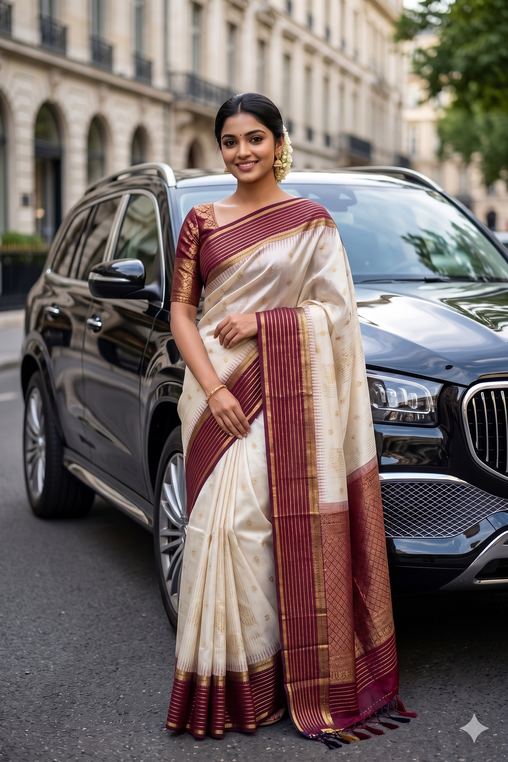 Pure Handloom Korvai Soft Silk Saree in Ivory Cream & Ruby Maroon with Rich Zari Pallu
