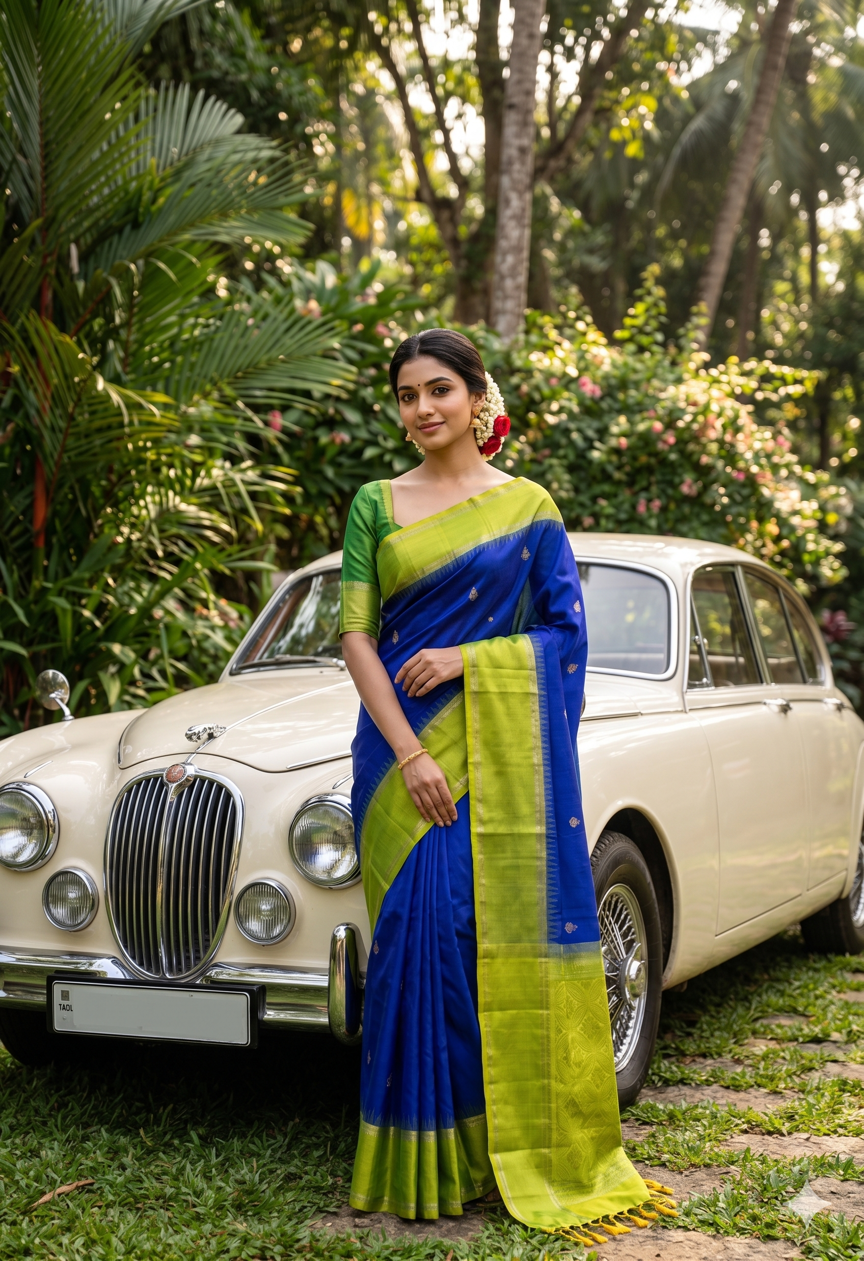 Pure Handloom Korvai Soft Silk Saree in Royal Blue & Lime Green with Elegant Zari Weaving
