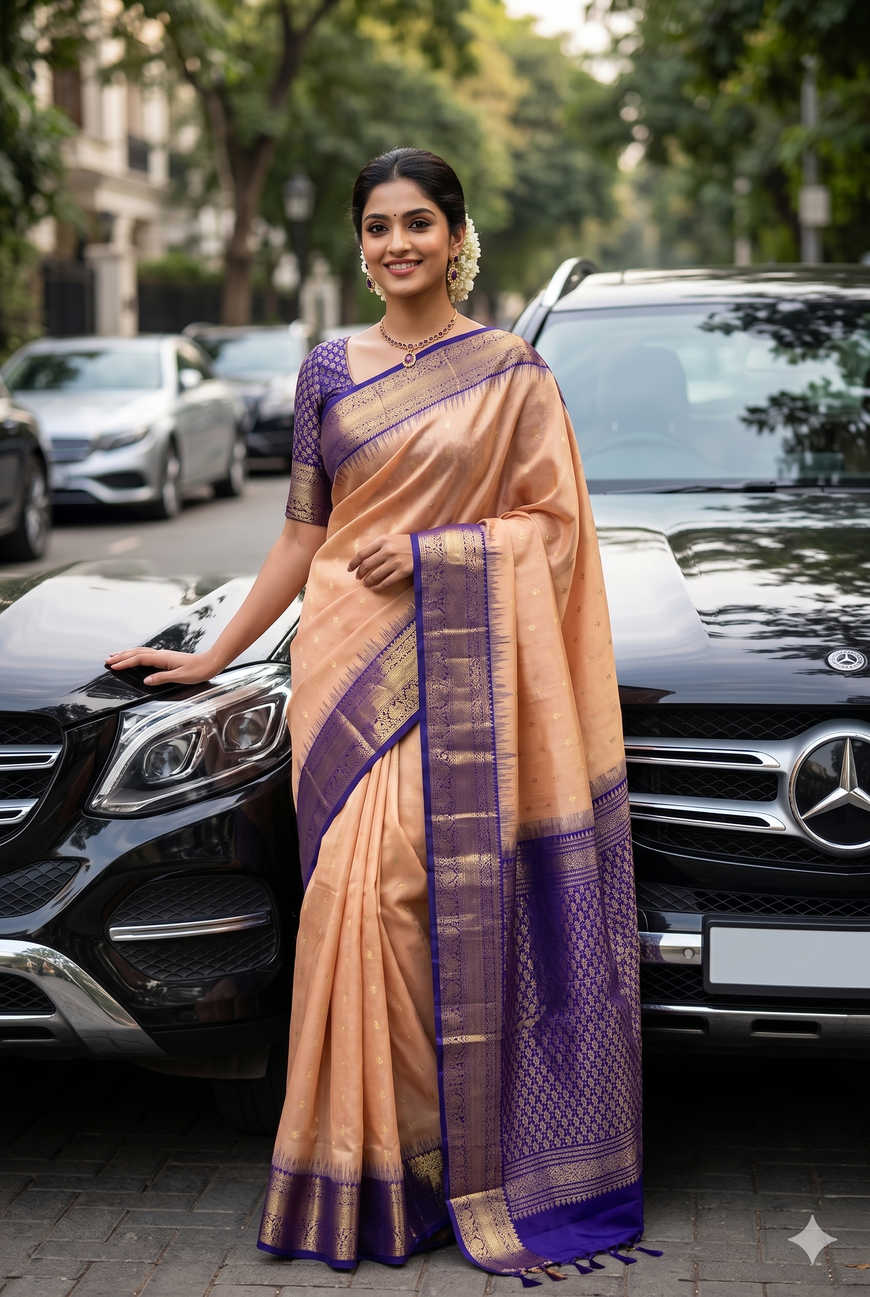 Pure Handloom Korvai Soft Silk Saree in Peach Beige & Royal Blue with Grand Zari Border