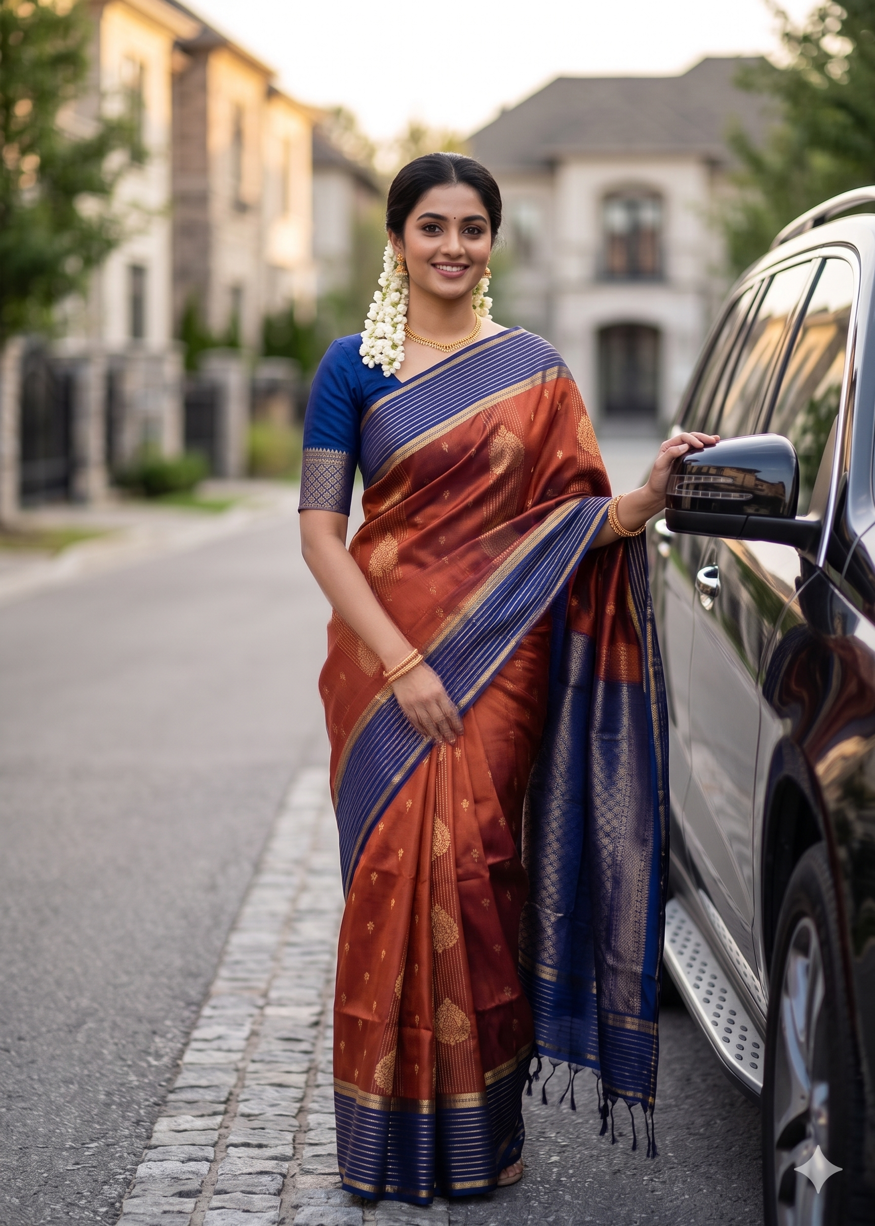Pure Handloom Korvai Soft Silk Saree in Rust Brown & Navy Blue with Rich Zari Weaving