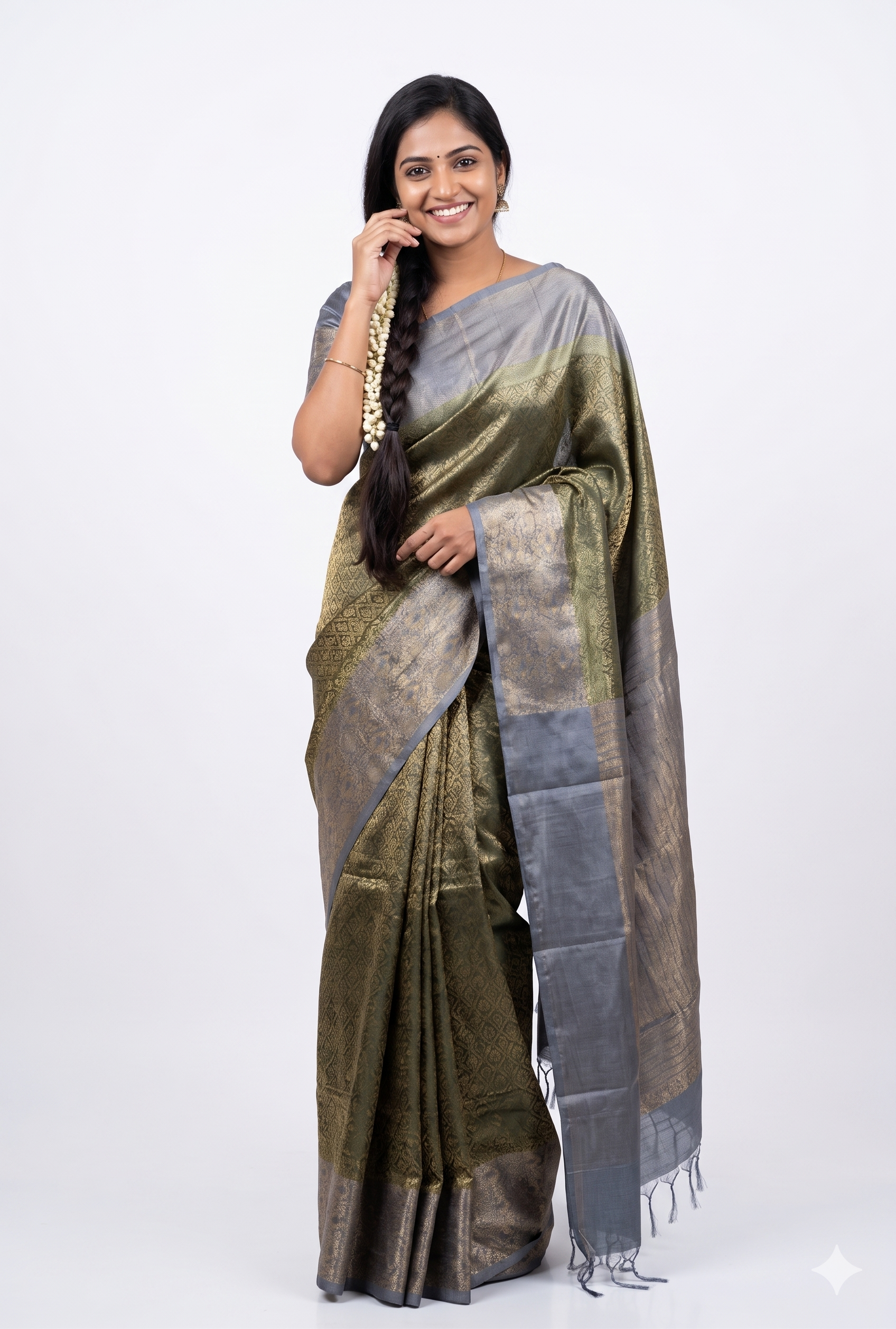 Pure Handloom Allself Soft Silk Saree in Antique Gold & Silver Grey with Rich Zari Weaving